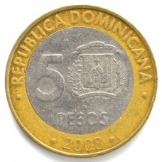 5 песо 2008 Республика Доминикана- 5 pesos 2008 Republica Dominicana, из оборота