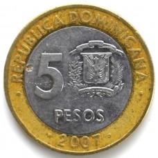 5 песо 2007 Республика Доминикана- 5 pesos 2007 Republica Dominicana, из оборота