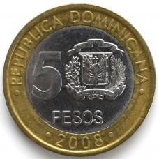 5 песо 2008 Республика Доминикана- 5 pesos 2008 Republica Dominicana, из оборота