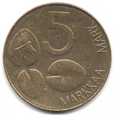 5 марок 1993 Финляндия - 5 markka 1993 Finland, из оборота