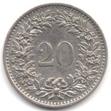 20 раппенов 1974 Швейцария - 20 rappenes 1974 Switzerland, из оборота