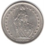 2 франка 1969 Швейцария - 2 francs 1969 Switzerland, из оборота