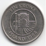 1 крона 1994 Исландия - 1 krona 1994 Island, из оборота