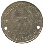 5 рейхсмарок 1934 Германия, F - 5 reichsmarks 1934 Germany, F, из оборота