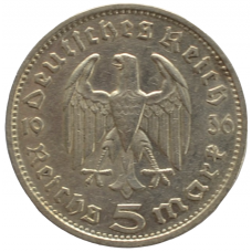 5 рейхсмарок 1936 Германия, G - 5 reichsmarks 1936 Germany, G, из оборота