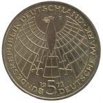 5 mark 1973 Германия ФРГ  - 5 марок 1973 BUNDESREPUBLIK DEUTSCHLAND, 500 лет со дня рождения Николая Коперника