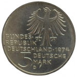 5 mark 1974 Германия ФРГ  - 5 марок 1974 BUNDESREPUBLIK DEUTSCHLAND, 250 лет со дня рождения Иммануила Канта