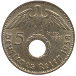 5 рейхсмарок 1938 Германия, D - 5 reichsmarks 1938 Germany, D, из оборота