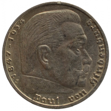 5 рейхсмарок 1939 Германия, J - 5 reichsmarks 1939 Germany, J, из оборота