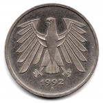 5 марок 1992 Германия- 5 mark 1992 Germany, F, из оборота