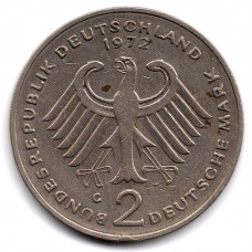 2 марки 1972 Германия - 2 mark 1972 Germany, G, Конрад Аденауэр