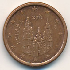 1 евроцент 2011 года Испания - 1 euro cent 2011 Spain, из оборота