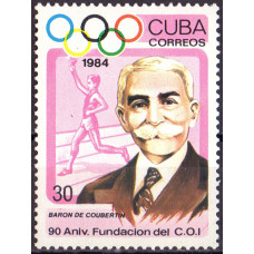 1984. Почтовая марка Кубы. 90 Aniv. Fundacion del C.O.I. Baron de Coubertin. 30 центаво. 