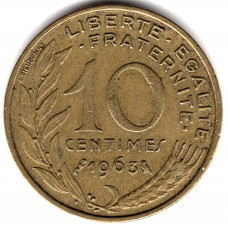 10 сантимов 1963 Франция - 10 centimes 1963 France, из оборота