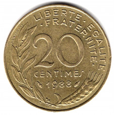 20 сантимов 1988 Франция - 20 centimes 1988 France, из оборота