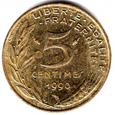 5 сантимов 1990 Франция - 5 centimes 1990 France, из оборота