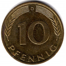 10 пфеннигов 1990 Германия - 10 pfennigs 1990 Germany, D, из оборота