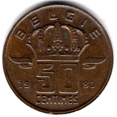 50 сантимов 1980 Бельгия - 50 centimes 1980 Belgium, BELGIE, из оборота