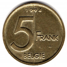 5 франков 1994 Бельгия - 5 francs 1994 Belgium, BELGIE, из оборота
