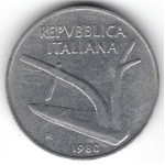 10 лир 1980 Италия - 10 lire 1980 Italy, из оборота