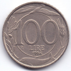 100 лир 1994 Италия - 100 lire 1994 Italy, из оборота