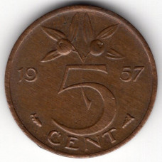 5 центов 1957 Нидерланды - 5 cents 1957 Netherlands, из оборота