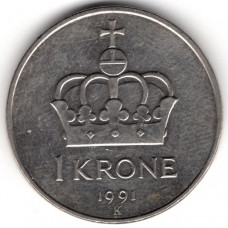 1 крона 1991 Норвегия - 1 krone 1991 Norway, из оборота