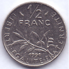 ½ франка 1991 Франция - ½ franc 1991 France, из оборота