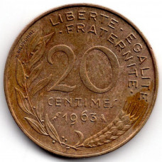 20 сантимов 1963 Франция - 20 centimes 1963 France, из оборота