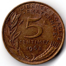 5 сантимов 1968 Франция - 5 centimes 1968 France, из оборота