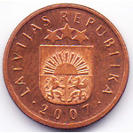 2 сантима 2007 Латвия - 2 centimes 2007 Latvia, из оборота