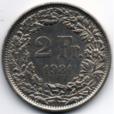 2 франка 1981 Швейцария - 2 francs 1981 Switzerland, из оборота