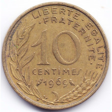 10 сантимов 1969 Франция - 10 centimes 1969 France, из оборота