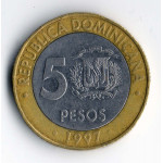 5 песо 1997 Республика Доминикана- 5 pesos 1997 Republica Dominicana, из оборота