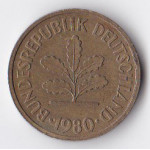 5 пфеннигов 1980 Германия - 5 pfennig 1980 Germany, F