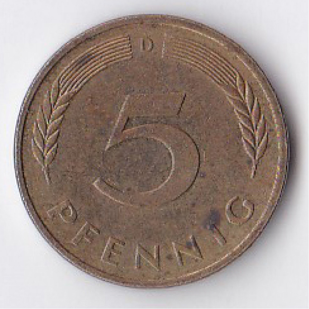 5 пфеннигов 1989 Германия - 5 pfennig 1989 Germany, D