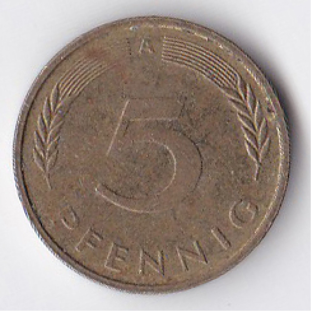 5 пфеннигов 1991 Германия - 5 pfennig 1991 Germany, A