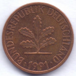 1 пфенниг 1991 Германия - 1 pfennig 1991 Germany, D, из оборота
