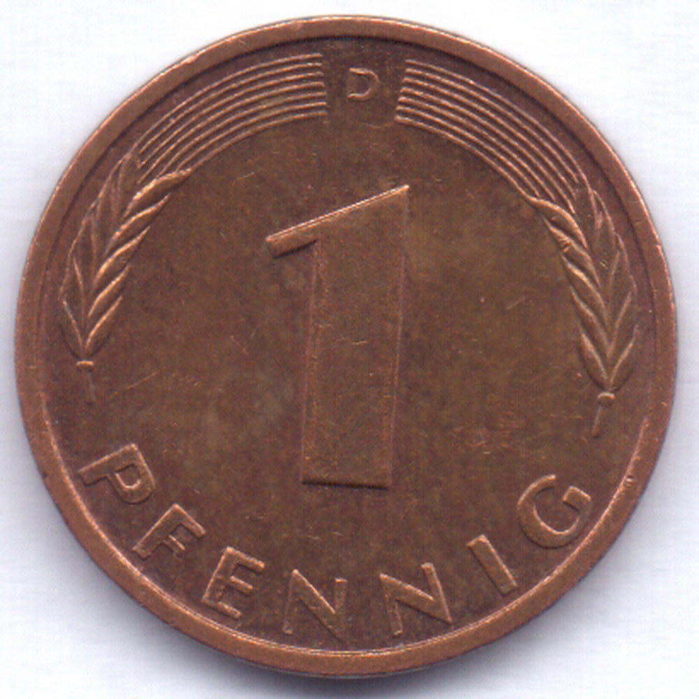 1 пфенниг 1991 Германия - 1 pfennig 1991 Germany, D, из оборота