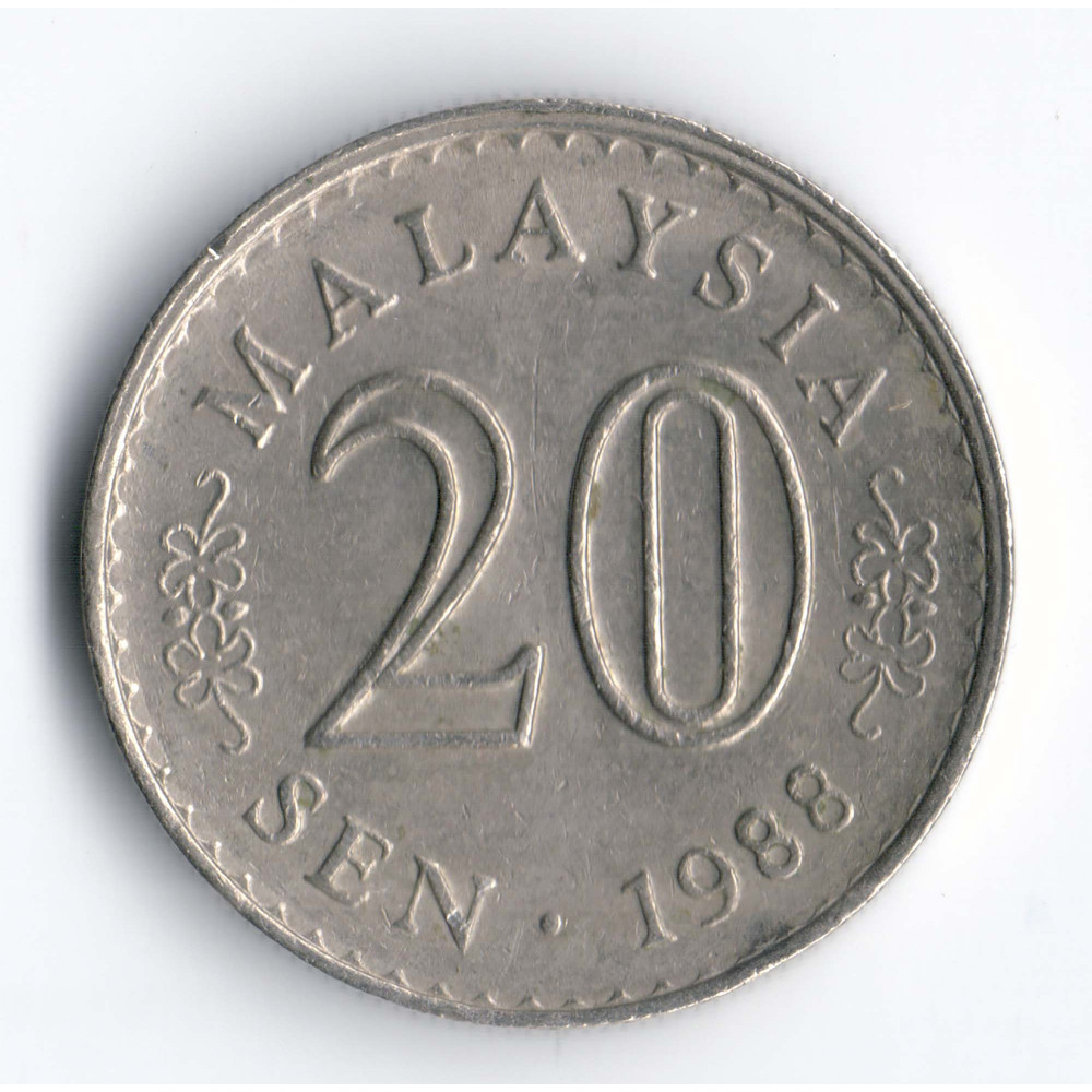 20 сенов 1988 Малайзия - 20 sen 1988 Malaysia, из оборота