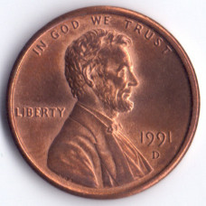 1 цент 1991 США - 1 cent 1991 USA, D