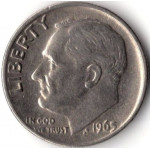 1 дайм (10 центов) 1965 США - 1 dime (10 cents) 1965 USA, Без МД