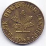 10 пфеннигов 1949 Германия - 10 pfennig 1949 Germany, J, из оборота