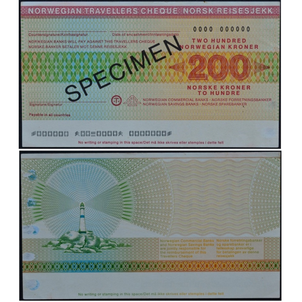 Дорожный чек 200 крон Норвегия, образец - 200 Kronen Norway