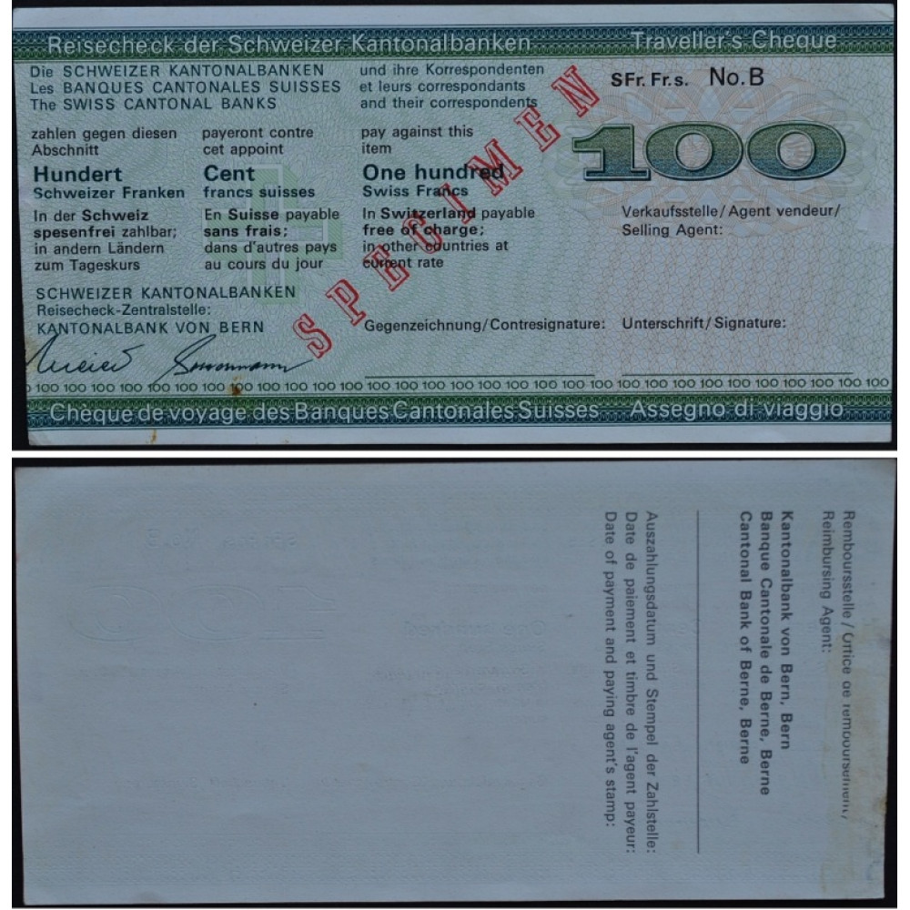 Дорожный чек 100 франков Швейцария, образец - 100 Frank Switzerland