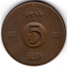 5 эре 1953 Швеция - 5 ore 1953 Sweden, из оборота