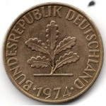 10 пфеннигов 1974 Германия (ФРГ) - 10 pfennig 1974 Germany, J, из оборота