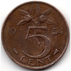 5 центов 1954 Нидерланды - 5 cent 1954 Netherlands, из оборота