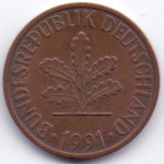 2 пфеннига 1991 Германия - 2 pfenniga 1991 Germany, J, из оборота