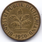 5 пфеннигов 1950 Германия - 5 pfennig 1950 Germany, J, из оборота